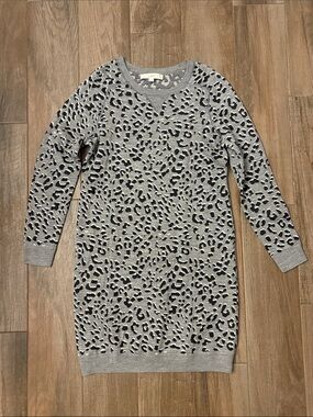 LOFT petite Gray and Black Leopard Sweater Dress